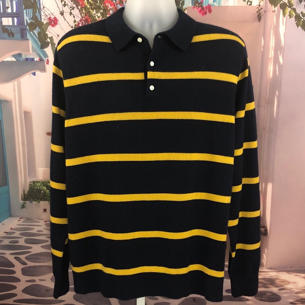 NWT J. Crew 100% Cashmere Navy Blue and Yellow Striped Polo Sweater